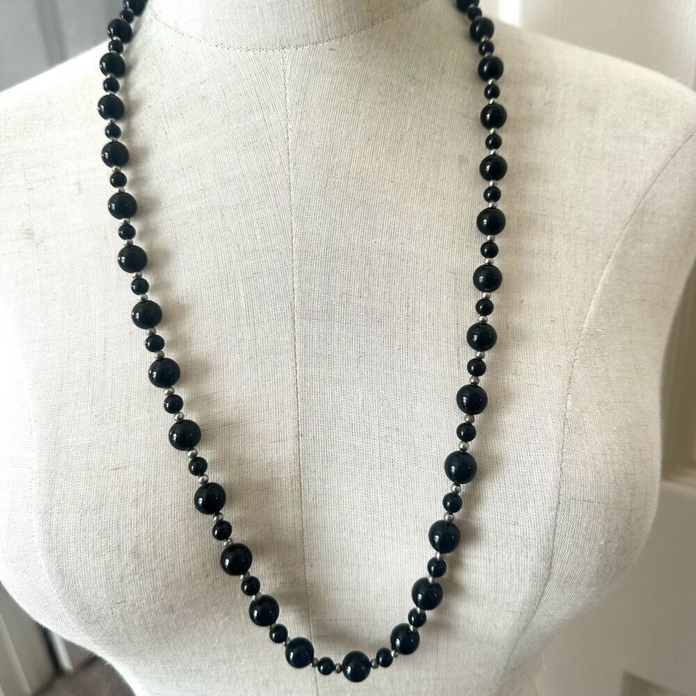 Shungite long  black stone necklace